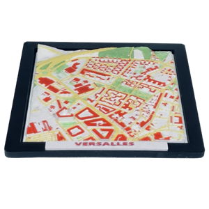 Mapa en relieve 3D Versalles Avilés con edificios rojos y parques verdes – decoración personalizada
