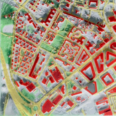 Mapa 3D barrio Versalles vista cenital, detalle de manzanas, edificios y parques