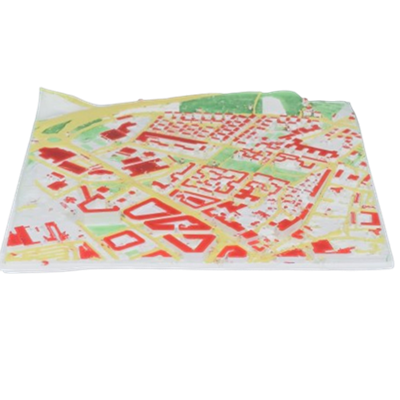 Mapa 3D personalizado barrio Versalles vista frontal inclinada, calles amarillas y zonas verdes