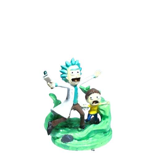 Figura de Rick y Morty vista lateral derecha, ambos escapando del portal verde