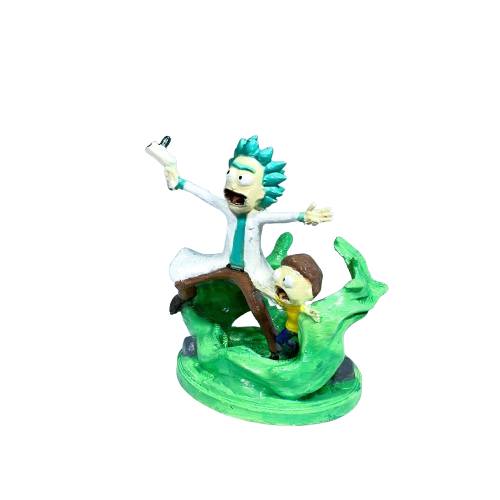 Figura de Rick y Morty en portal interdimensional, vista tres cuartos izquierda con expresiones de sorpresa