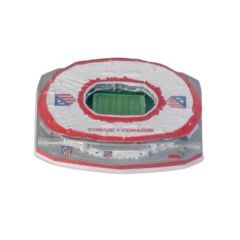 Maqueta 3D Estadio Metropolitano Atleti vista aérea frontal con lema Coraje y Corazón y escudos