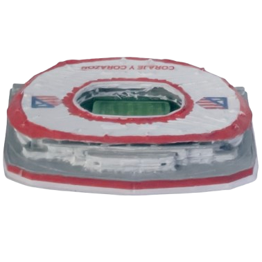 Maqueta 3D del Estadio Metropolitano del Atlético de Madrid vista aérea trasera, colores rojiblancos TRES D