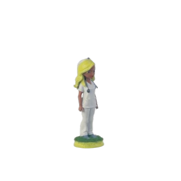 Vista lateral figura 3D doctora con cofia blanca y estetoscopio azul – regalo sanitario personalizable
