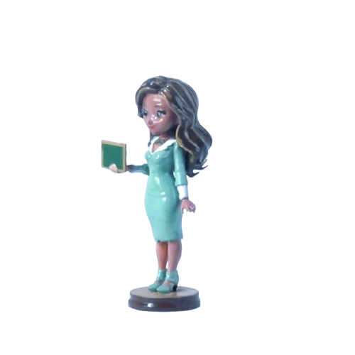 Figura de profesora personalizada vista lateral con pizarra – detalle impresión 3D artesanal TRES D