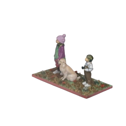 Miniatura 3D de hermanos con perro vista lateral tres cuartos impresa a todo color – regalo personalizado