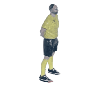 Réplica 3D árbitro fútbol sala vista lateral derecha – equipación amarilla y base azul – figura personalizada