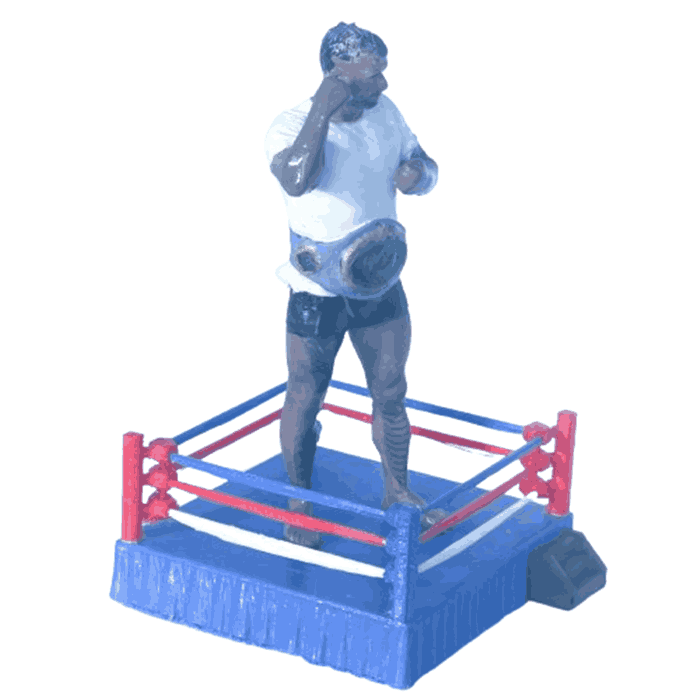 Figura boxeador 3D personalizada con cinturón campeón pose mano en cara sobre ring azul – TRES D Avilés
