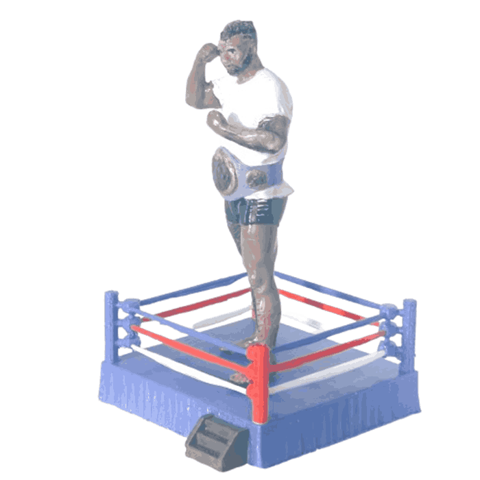 Figura boxeador campeón saludando con cinturón dorado sobre cuadrilátero azul rojo y blanco