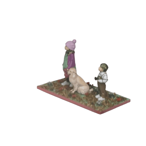 Figura 3D personalizada frontal de niña con gorro rosa, niño con peto y perro labrador – miniatura familiar TRES D