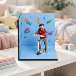 Diorama personalizado de niña en patinete expuesto en estantería de habitación infantil con juguetes de madera y decoración pastel