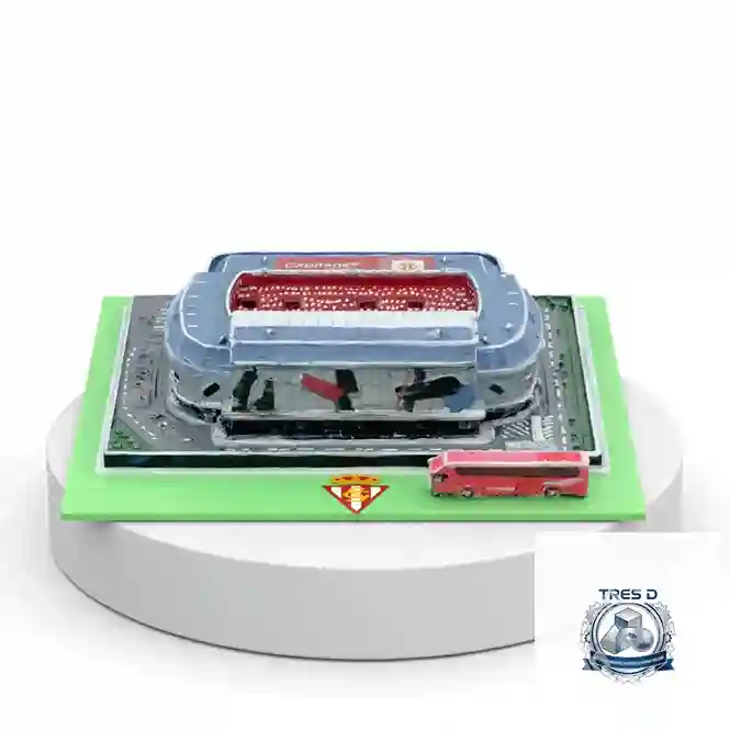 Maqueta 3D Estadio El Molinón Enrique Castro Quini con escudo oficial Real Sporting de Gijón en base y autobús - TRES D Impresión 3D Asturias
