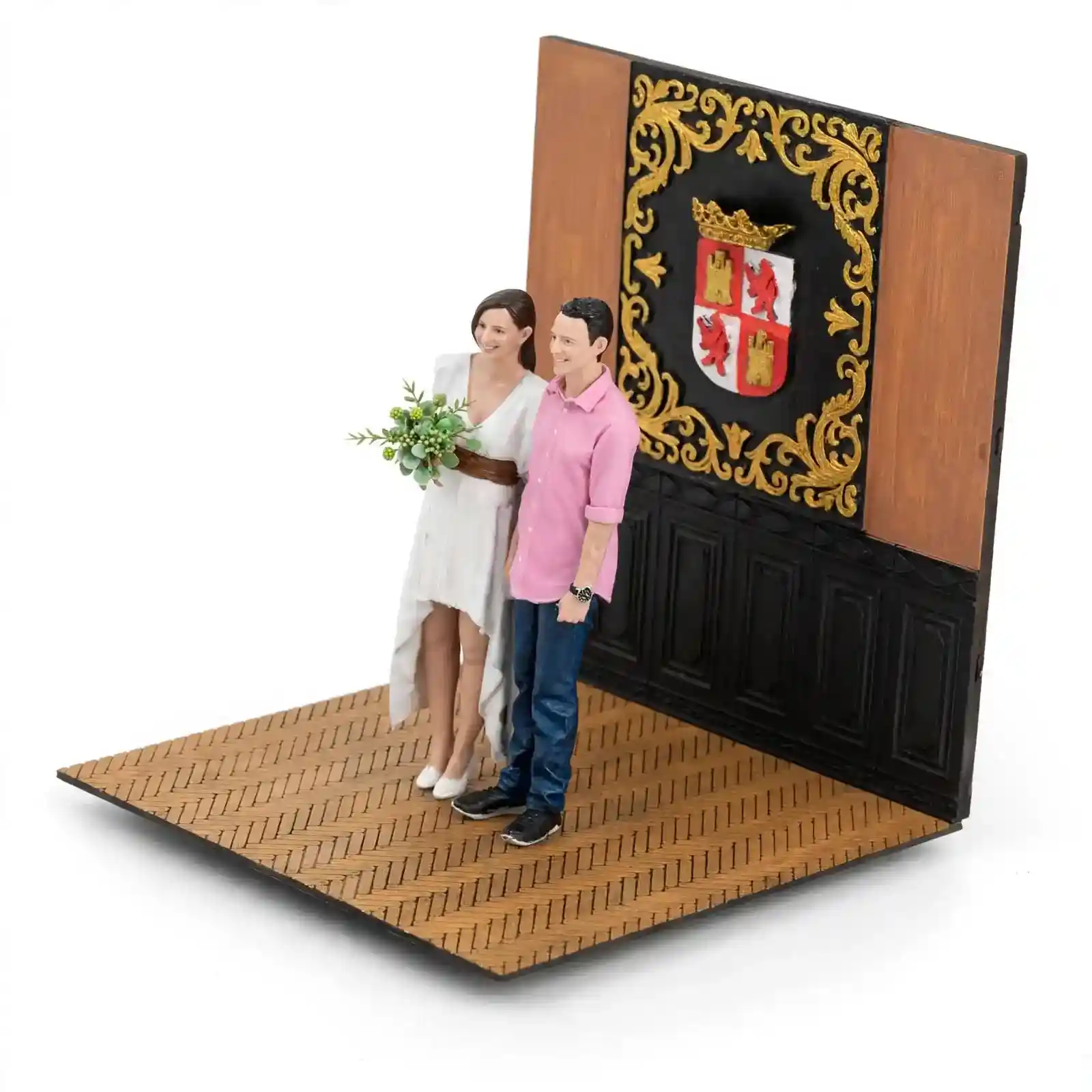 Diorama boda civil pareja con escudo heráldico vista 3/4 mostrando profundidad parquet espiga y panelado negro