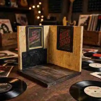 Diorama pub de Avilés con cuadros rock y fondo de vinilos impreso en tres d