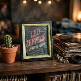 Mini cuadro impreso en 3D con marco negro y dorado de Led Zeppelin Stairway to Heaven estilo vintage para diorama